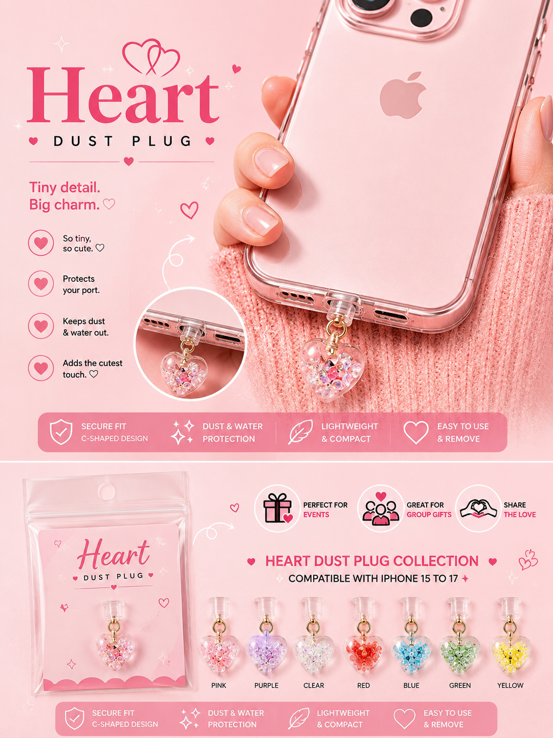 🩷✨Glow in the Dark Crystal Heart Dust Plug Charm