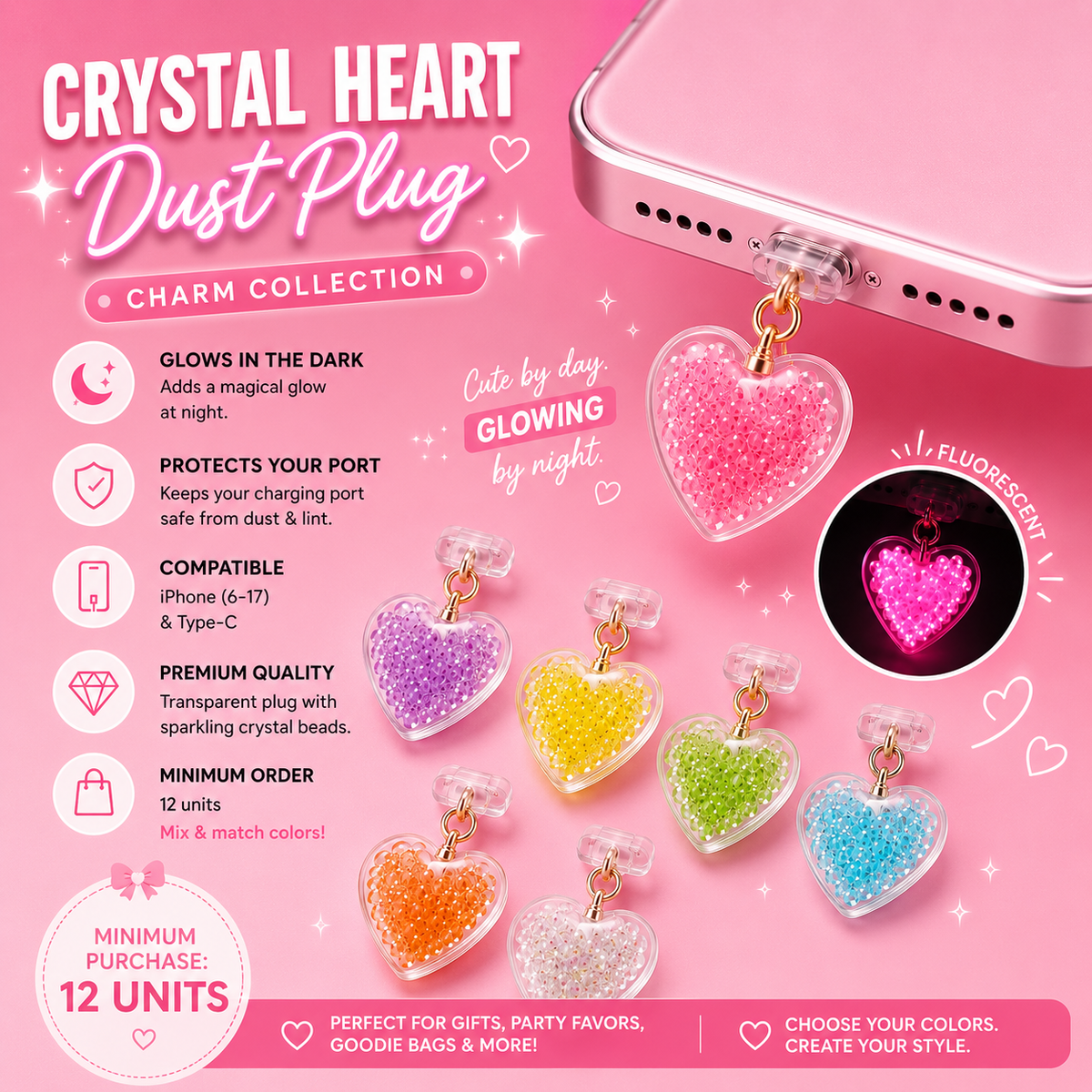 🩷✨Glow in the Dark Crystal Heart Dust Plug Charm
